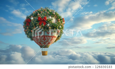 Festive hot air balloon adorned with Christmas decorations flying above clouds against blue sky. Holiday celebration and winter adventure concept 126830183