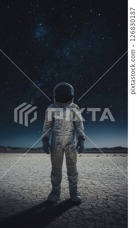 Astronaut standing on desolate landscape under starry night sky, wearing space suit. Exploration and adventure concept 126830187