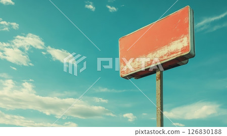 Rusty red blank billboard against a clear blue sky with scattered clouds. Advertising space concept 126830188
