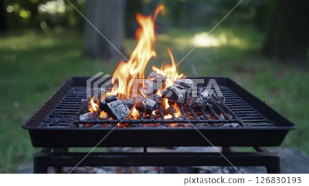 Charcoal burning on a black metal grill with flames in a green outdoor setting, close-up. Outdoor cooking and summer barbecue concept 126830193