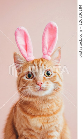 Orange tabby cat with pink bunny ears against soft pink background, cute pet portrait. Whimsical and playful animal concept 126830194