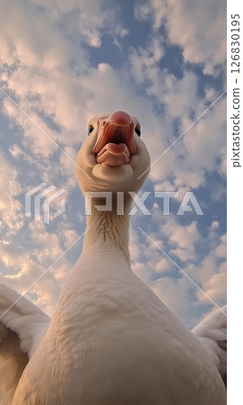 Close-up of a white goose against a blue sky with clouds, dramatic and whimsical perspective. Nature and animal portrait concept 126830195