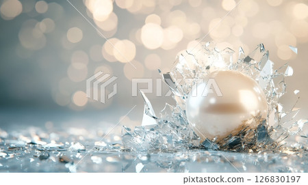 Shimmering pearl among shattered glass with glowing bokeh background, symbolizing elegance and beauty. Precious luxury and fragility concept 126830197