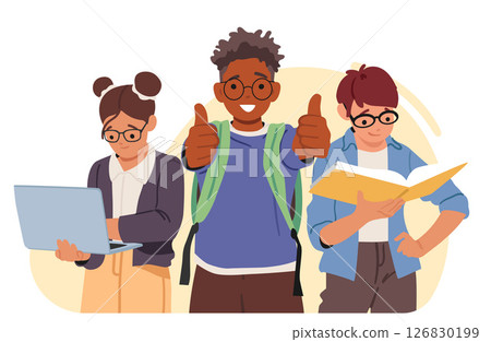 Nerd children cartoon characters with book and laptop for study enjoying school education bubble 126830199