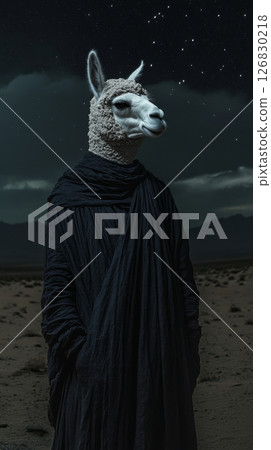 Llama in dark robe under starry night sky in desert landscape. Surreal and mysterious art concept 126830218