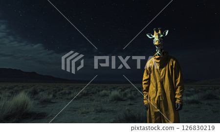 Giraffe wearing an orange jumpsuit standing in a vast desert at night under a starry sky. Surreal wildlife and fashion concept Giraffe wearing an orange jumpsuit standing in a vast desert at night under a starry sky. Surreal wildlife and fashion concept 126830219