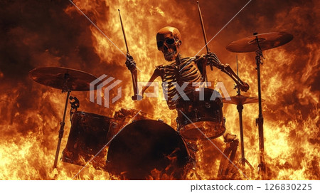 Skeleton playing drums surrounded by flames, dynamic and intense atmosphere. Rock music and fiery performance concept 126830225