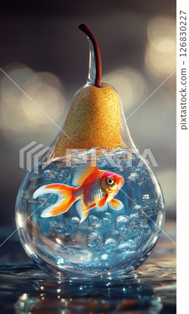 Vibrant goldfish inside glass pear filled with water and bubbles, surreal art composition. Concept of creativity and imagination 126830227