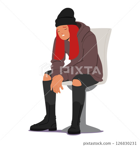 Sad depressed girl teenager cartoon character sitting on chair isolated on white background Sad depressed girl teenager cartoon character sitting on chair isolated on white background 126830231