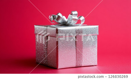 Silver glitter gift box with ribbon on red background, festive and celebration theme. Holiday present and surprise concept Silver glitter gift box with ribbon on red background, festive and celebration theme. Holiday present and surprise concept 126830269