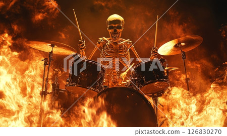 Skeletal drummer surrounded by flames playing a drum set, fiery background. Rock music and Halloween concept Skeletal drummer surrounded by flames playing a drum set, fiery background. Rock music and Halloween concept 126830270