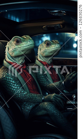 Two anthropomorphic lizards in suits sitting in a luxury car at night, elegant and stylish. Anthropomorphic fashion and luxury lifestyle concept 126830276