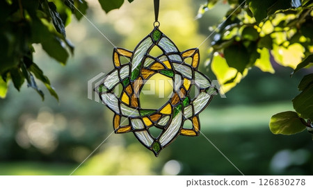 Intricate stained glass ornament hanging outdoors with green and amber colors, surrounded by lush foliage. Artistic decoration and craftsmanship concept 126830278
