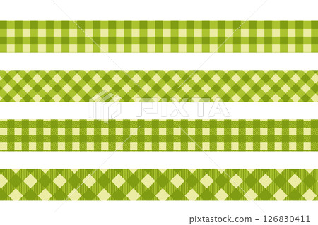 Tapes with green gingham pattern. Borders with checkered spring or summer print. Ribbons for gifts or headbands. Cotton, linen or flannel bands isolated on white background. Vector flat illustration 126830411