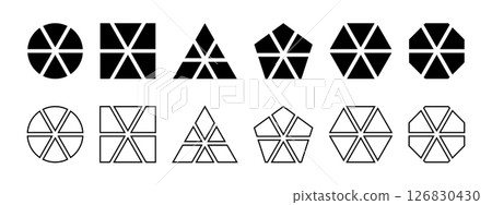 Basic geometric shapes divided into 6 sectors isolated on white background. Round, square and triangle, pentagon, hexagon and octagon shapes cut in six equal segments. Vector graphic illustration 126830430