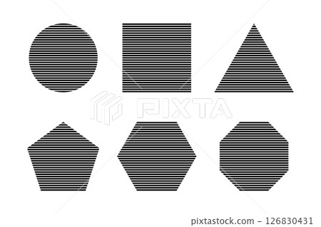 Black striped circle, square and triangle, pentagon, hexagon and octagon geometric shapes isolated on white background. Minimalistic design elements with streaked texture. Vector graphic illustration Black striped circle, square and triangle, pentagon, hexagon and octagon geometric shapes isolated on white background. Minimalistic design elements with streaked texture. Vector graphic illustration 126830431