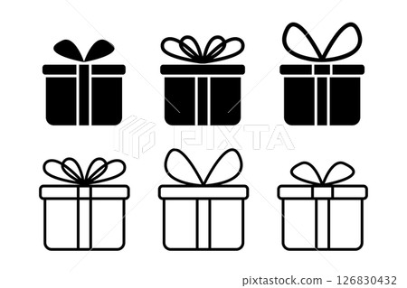 Set of gift box icons. Present package silhouettes with bows isolated on white background. Birthday or another festive event giftbox pictograms. Editable stroke. Vector graphic illustration Set of gift box icons. Present package silhouettes with bows isolated on white background. Birthday or another festive event giftbox pictograms. Editable stroke. Vector graphic illustration 126830432