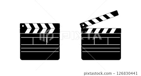 Closed and open movie clapboard silhouettes. Clapper boards isolated on white background. Camera and action concept. Video production tools for use in filming area. Vector graphic illustration 126830441