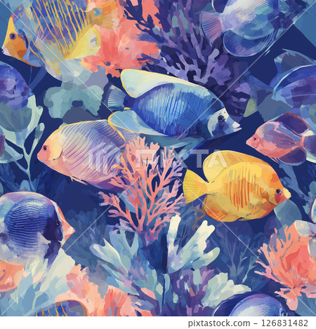 Watercolor tropical fish and coral seamless pattern 126831482