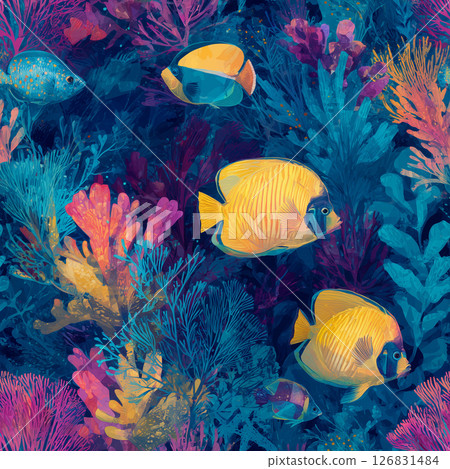Bright tropical fish and coral reef seamless pattern 126831484