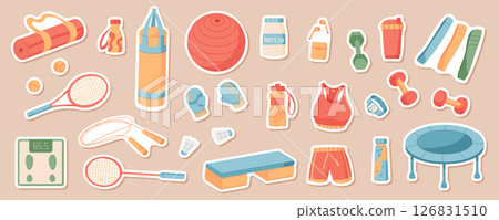Cartoon sticker sport equipment set on a flat background. Fitness and training tools include gym accessories and workout items. Athlete colorful design for active lifestyle concepts gym decorations. 126831510