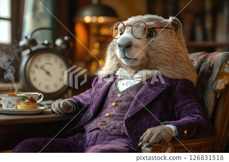 Dapper groundhog enjoys afternoon tea cozy study whimsical scene vintage decor charming animal character Dapper groundhog enjoys afternoon tea cozy study whimsical scene vintage decor charming animal character 126831518