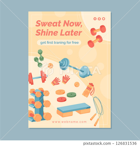 Flat style sport equipment training banner design background. Gym tools like dumbbell, barbell, and rope highlight workout and fitness. Eye concept for banners gym templates. Flat style sport equipment training banner design background. Gym tools like dumbbell, barbell, and rope highlight workout and fitness. Eye concept for banners gym templates. 126831536