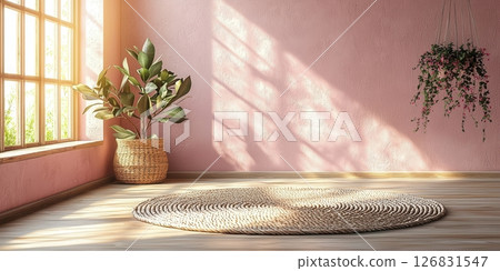 Serene indoor lounge space with natural light cozy decor home interior tranquil environment soft perspective relaxation concept 126831547