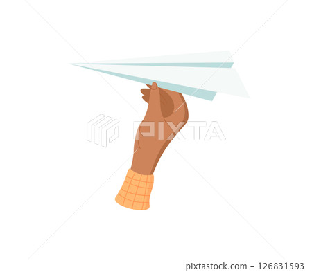 Hand holding airplane sticker. Gesture of a human character. Concept of creativity, flat design, potential usage in various graphic applications. 126831593