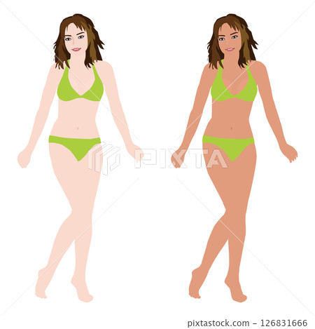一群年輕女性模特兒在曬黑前後穿著泳衣擺造型的插圖 - 比基尼 14 126831666