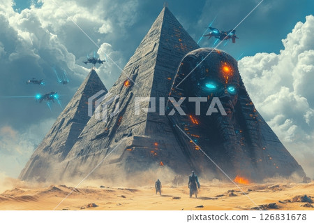 A futuristic scene with a pyramid and a large statue of a man 126831678