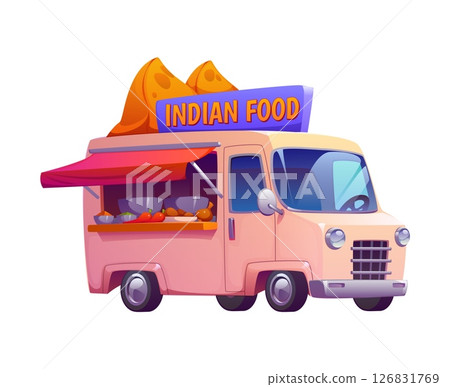 Cartoon Indian food truck car, vintage festival street foodtruck with large samosa on top. Vector retro van selling spicy dishes and ingredients like curry, chili and bowl of traditional street snacks 126831769