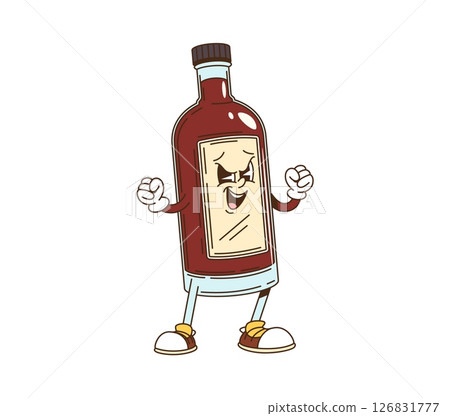 Cartoon groovy bourbon bottle character. Pub or bar alcohol drink groovy character with evil facial expression. Bourbon, whiskey or cognac bottle, party beverage funny 70s isolated vector personage Cartoon groovy bourbon bottle character. Pub or bar alcohol drink groovy character with evil facial expression. Bourbon, whiskey or cognac bottle, party beverage funny 70s isolated vector personage 126831777