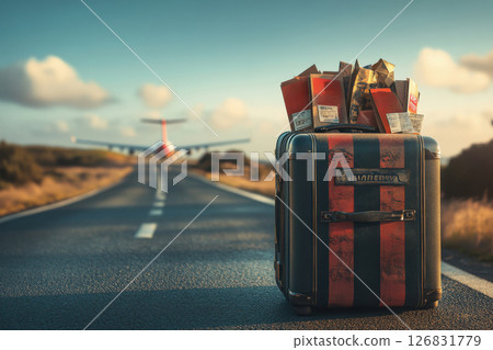 A suitcase is on the road next to an airplane 126831779