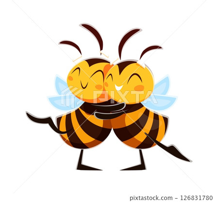 Hugging honey bees couple cute cartoon characters. Honey bee bug cute isolated vector personages, garden bumblebee baby cheerful mascots. Honeybee animal or spring insect happy characters 126831780