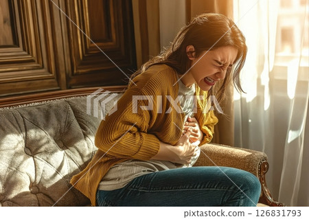 Intense emotional moment indoor living room realistic photography warm lighting close-up view pain and vulnerability 126831793