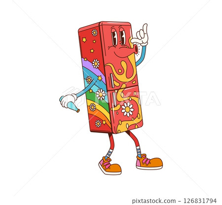 Cartoon groovy refrigerator, home furniture character. Retro fridge or freezer kitchen appliance funny funky personage with rainbow and daisy flowers print. Home kitchen furniture groovy character Cartoon groovy refrigerator, home furniture character. Retro fridge or freezer kitchen appliance funny funky personage with rainbow and daisy flowers print. Home kitchen furniture groovy character 126831794