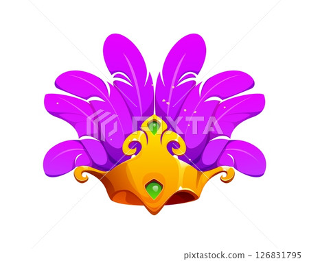 Cartoon Brazil carnival party headwear for festive celebration. Vector golden crown with bright purple feathers, representing spirit of Brazilian festivals, mardi gras masquerade or circus performance 126831795