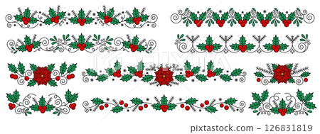 Ornate holly berry dividers and borders. Christmas vector trims with green holly leaves, red berries and poinsettia flowers. Festive decorative elements for winter ornaments with swirls and branches 126831819