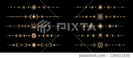 Esoteric mystic celestial divider borders, magic celestial vector set. Fantasy golden lines with mystical sun, crescent moon and star symbol in boho style. Astrology, witchcraft space spiritual frames 126831830