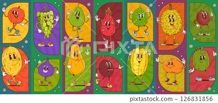 Groovy fruit characters collage of retro hippie tropical farm food. Vector cartoon funny papaya, feijoa, grapes and peach berries. Vintage groovy lychee, jackfruit, melon and fig fruits collage Groovy fruit characters collage of retro hippie tropical farm food. Vector cartoon funny papaya, feijoa, grapes and peach berries. Vintage groovy lychee, jackfruit, melon and fig fruits collage 126831856