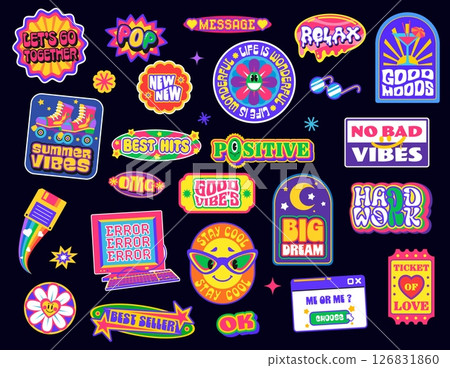 Y2k hippie groovy stickers, funky retro patch labels of vector color geometric shapes and happy emojis. Funny y2k groovy sun and flower emoticons with sunglasses, roller skate and cocktail stickers 126831860