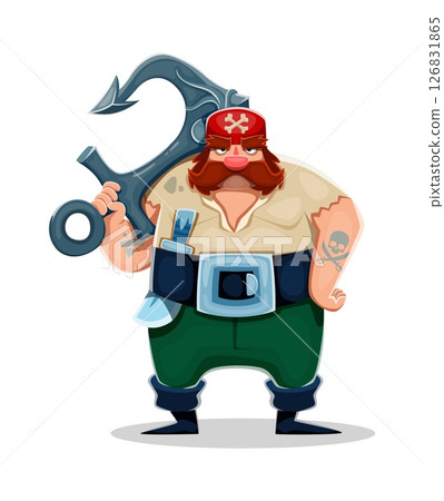 Cartoon pirate and corsair character with big anchor and red bandana. Vector male sailor personage with mustache, tattoos, belt, saber and angry expression, standing in pose with heavy armature 126831865