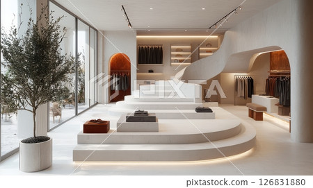 Modern retail space design urban location interior showcase minimalist environment wide angle view contemporary aesthetics Modern retail space design urban location interior showcase minimalist environment wide angle view contemporary aesthetics 126831880