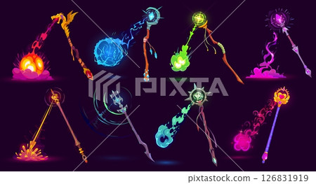 Cartoon magic wizard staff scepter with enchantment fire burst. Vector set of wiz rods with glowing magical energy explosion. Fantasy wands with fire, water, lightning, heart, ice and elemental spells Cartoon magic wizard staff scepter with enchantment fire burst. Vector set of wiz rods with glowing magical energy explosion. Fantasy wands with fire, water, lightning, heart, ice and elemental spells 126831919