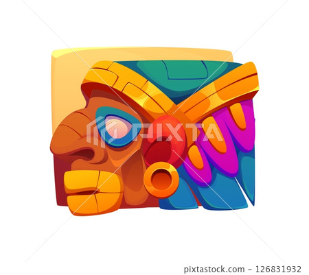 Aztec Inca Maya Mexican game icon. Cartoon tribal face. Ancient vector mask with feathers and bold color blocks. Totemic idol, spiritual, aboriginal asset with ethnic vibe for ancient civilization 126831932