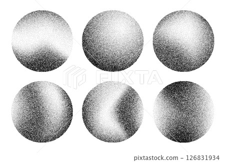 Round stipple noise grain sphere shapes. 3d vector abstract dotwork black and white dust or sandy balls featuring different degree of grainy texture with sand effect, stipple dots and grunge elements 126831934