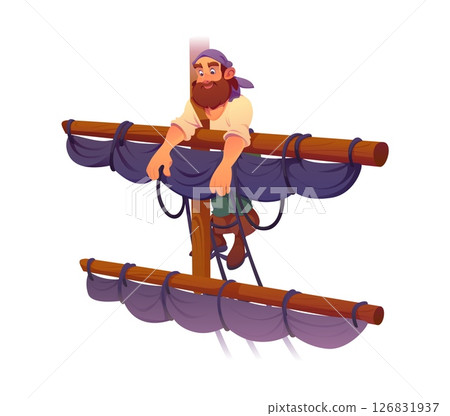 Pirate ship crew cartoon corsair character climbing ship mast rigging with tied sails and ropes. Vector bearded sailor personage in bandana leaning on wooden yardarm, ready for adventure or sea voyage Pirate ship crew cartoon corsair character climbing ship mast rigging with tied sails and ropes. Vector bearded sailor personage in bandana leaning on wooden yardarm, ready for adventure or sea voyage 126831937