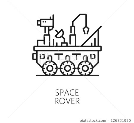 Line galaxy icon of a space rover equipped with wheels, antenna, and mechanical arm. Vector black linear futuristic and scientific sign involving planetary exploration and space missions Line galaxy icon of a space rover equipped with wheels, antenna, and mechanical arm. Vector black linear futuristic and scientific sign involving planetary exploration and space missions 126831950