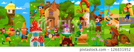 Cartoon gnome characters collage. Fairytale fantasy gnomes and dwarfs vector personages watering plants in garden, collecting mushrooms in forest and harvest on farm. Midget sawing log, reading book 126831952